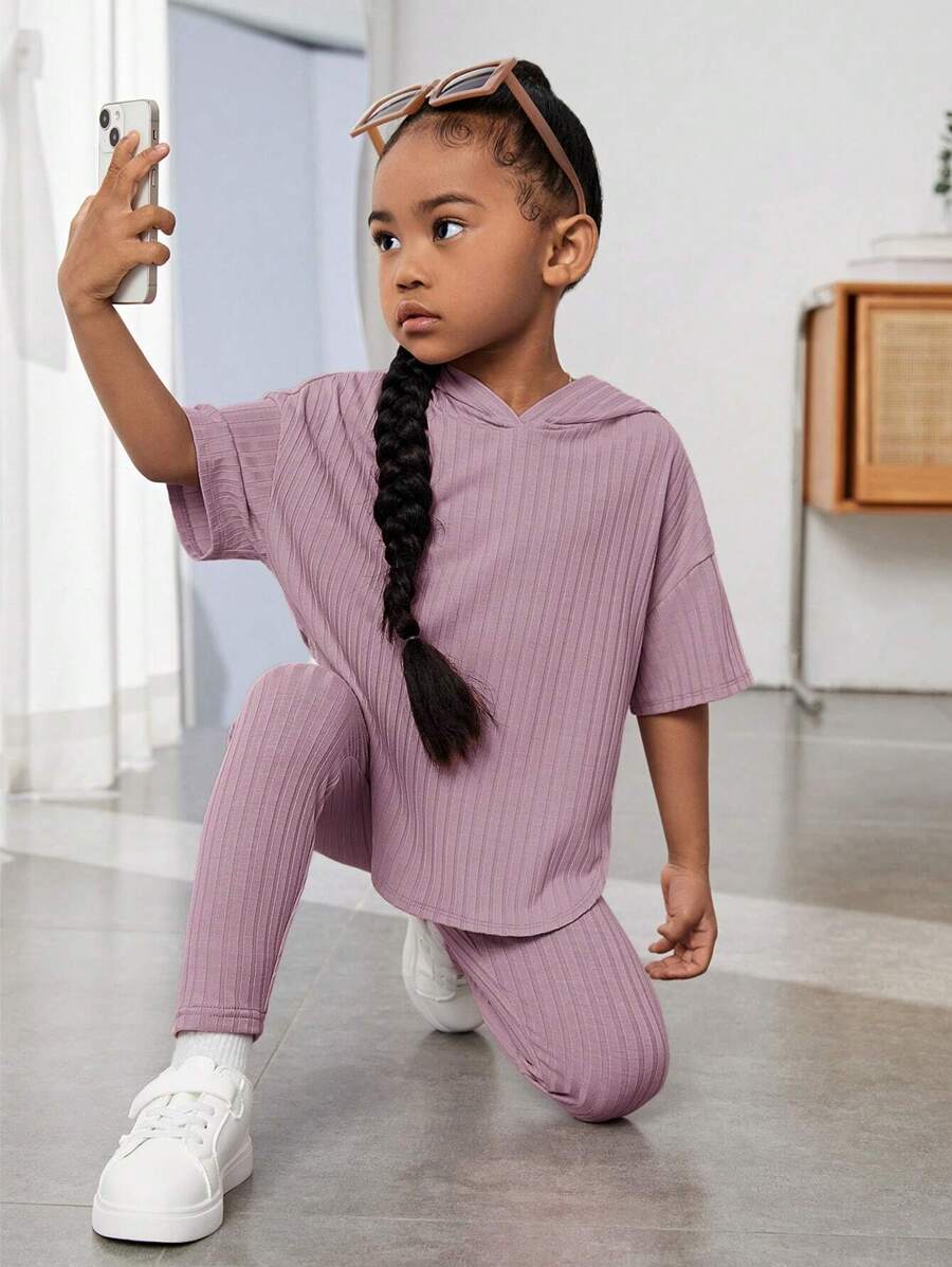 SHEIN Leap Crew 女小童落肩袖連帽T恤和緊身褲 - 淡紫色 - 查看 1