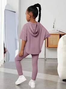 SHEIN Leap Crew 女小童落肩袖連帽T恤和緊身褲 - 淡紫色 - 查看 2