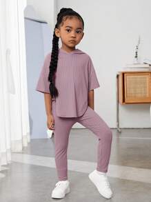 SHEIN Leap Crew 女小童落肩袖連帽T恤和緊身褲 - 淡紫色 - 查看 4