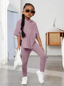 SHEIN Leap Crew 女小童落肩袖連帽T恤和緊身褲 - 淡紫色 - 查看 5