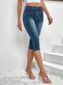 SHEIN LUNE Jeans delgado capri - Azul lavado oscuro - Ver 4