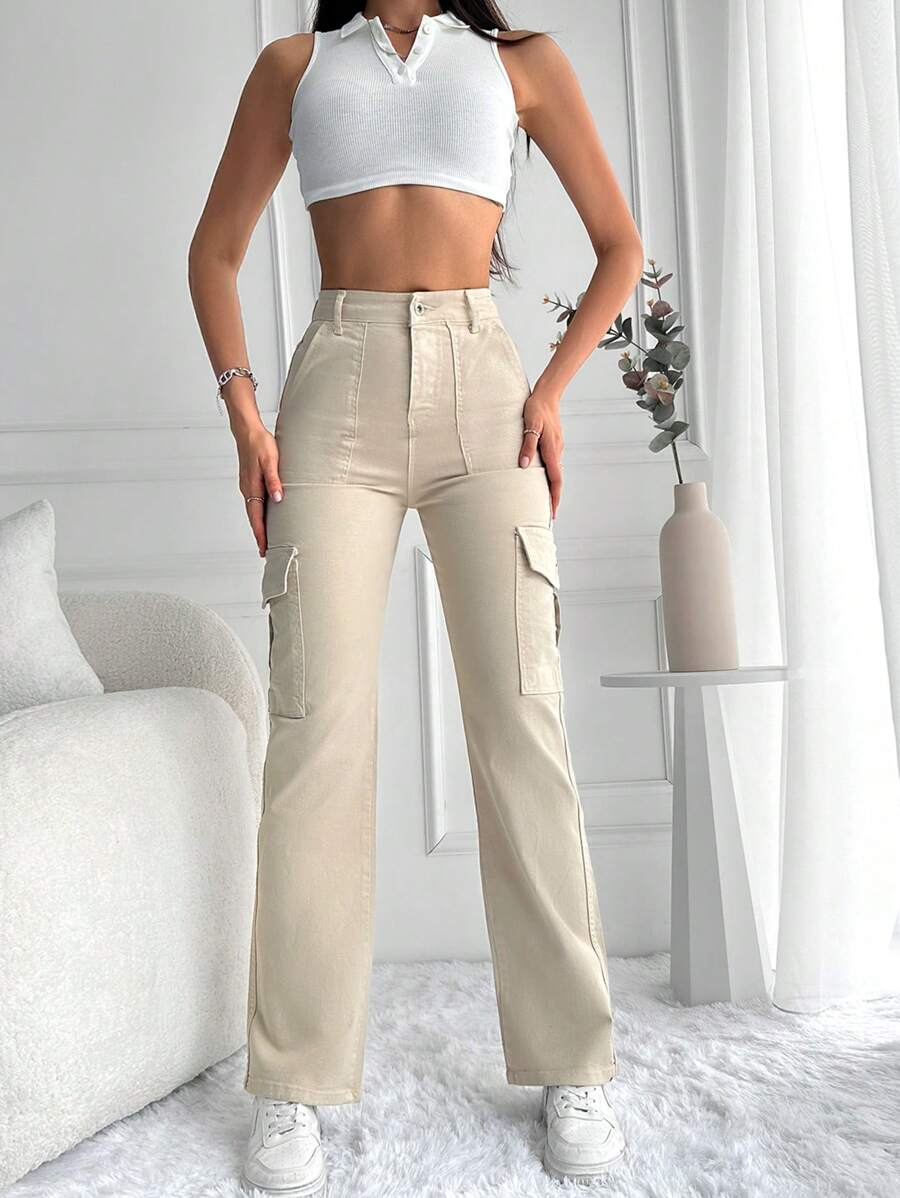 EURMUSE Flap Pocket Side Cargo Jeans - Beige - View 1