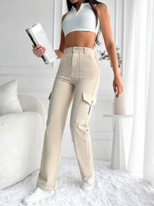 EURMUSE Flap Pocket Side Cargo Jeans - Beige - View 3