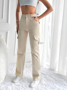 EURMUSE Flap Pocket Side Cargo Jeans - Beige - View 4