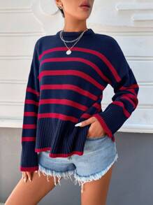 EURMUSE Striped Pattern Drop Shoulder Sweater - Multicolor - View 5