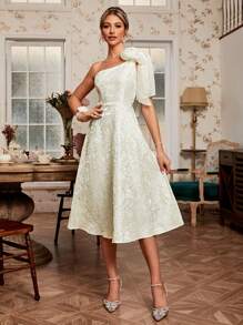 Simplee 單肩打結細節提花派對禮服