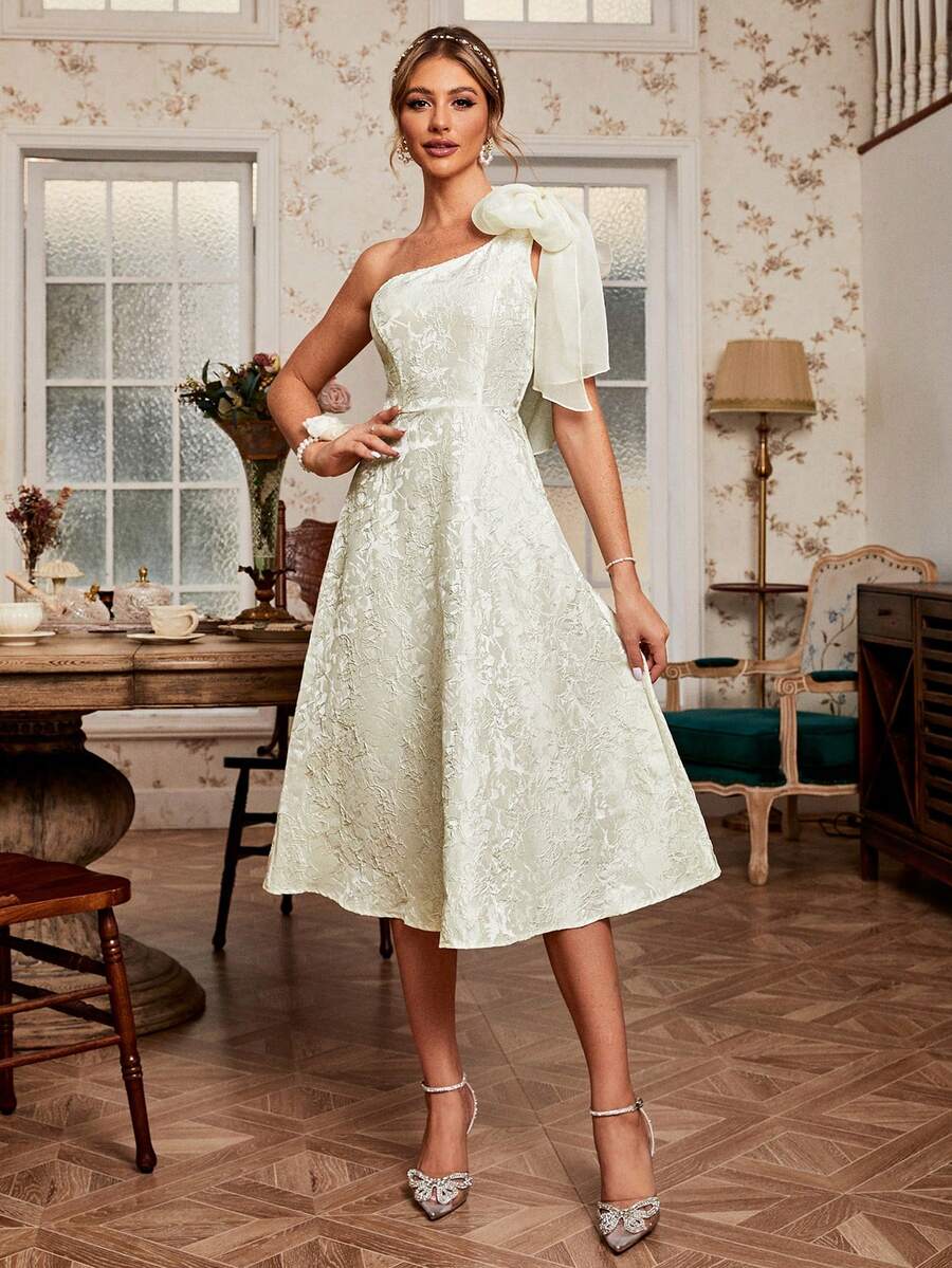 Simplee 單肩打結細節提花派對禮服