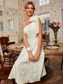 Simplee 單肩打結細節提花派對禮服