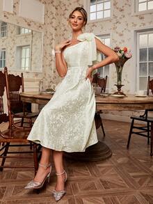 Simplee 單肩打結細節提花派對禮服