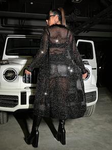 SHEIN ICON Plus Fuzzy Trim Tie Front Cardigan - Black - View 2