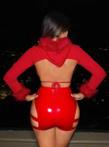 SHEIN SXY Fuzzy Trim Tie Backless Hoodie new years eve outfit
party outfit 
sexy outfit - Red - View 2