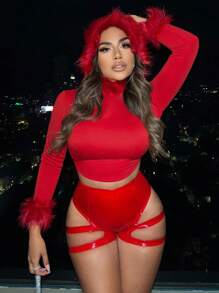 SHEIN SXY Fuzzy Trim Tie Backless Hoodie new years eve outfit
party outfit 
sexy outfit - Red - View 3