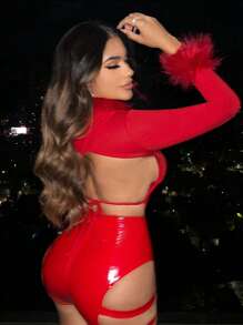 SHEIN SXY Fuzzy Trim Tie Backless Hoodie new years eve outfit
party outfit 
sexy outfit - Red - View 5