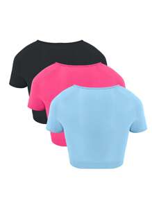 Easithlete 3 件套标语图案蝙蝠袖运动 T 恤健身背心健身房女式衬衫 - 彩色 - 查看 2