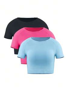 Easithlete 3 件套标语图案蝙蝠袖运动 T 恤健身背心健身房女式衬衫 - 彩色 - 查看 3