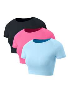 Easithlete 3 件套标语图案蝙蝠袖运动 T 恤健身背心健身房女式衬衫 - 彩色 - 查看 4