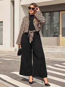 SHEIN Privé 大碼字母圖案開門襟夾克&闊腿腰帶連身褲 - 彩色 - 查看 1