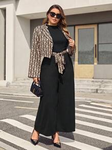 SHEIN Privé 大碼字母圖案開門襟夾克&闊腿腰帶連身褲 - 彩色 - 查看 6