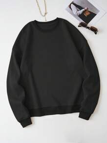 SHEIN EZwear 骷髅頭圖案加絨內裏運動衫 - 黑色 - 查看 2