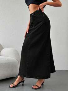 EURMUSE High Waist Denim Skirt - Black - View 3