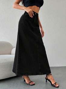 EURMUSE High Waist Denim Skirt - Black - View 4