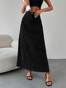 EURMUSE High Waist Denim Skirt - Black - View 5