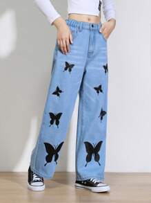 SHEIN 女大童蝴蝶圖案闊腿牛仔褲 - 淺色水洗藍 - 查看 3