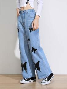 SHEIN 女大童蝴蝶圖案闊腿牛仔褲 - 淺色水洗藍 - 查看 4
