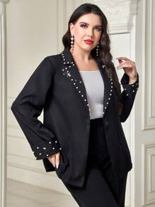 Modelyn 大碼珍珠串珠單釦西裝外套 - 黑色 - 查看 5