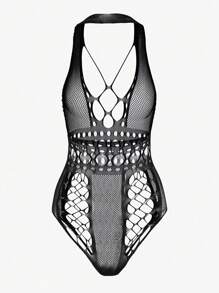 Classic Sexy Hollow Out Mesh Halter Teddy Bodysuit Lingerie Without Liner - Black - View 3