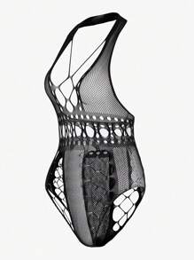 Classic Sexy Hollow Out Mesh Halter Teddy Bodysuit Lingerie Without Liner - Black - View 4