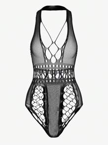 Classic Sexy Hollow Out Mesh Halter Teddy Bodysuit Lingerie Without Liner - Black - View 5