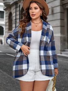 SHEIN LUNE Plus Plaid Print Shawl Collar Open Front Blazer - Multicolor - View 1