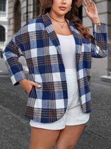 SHEIN LUNE Plus Plaid Print Shawl Collar Open Front Blazer - Multicolor - View 3