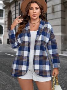 SHEIN LUNE Plus Plaid Print Shawl Collar Open Front Blazer - Multicolor - View 4