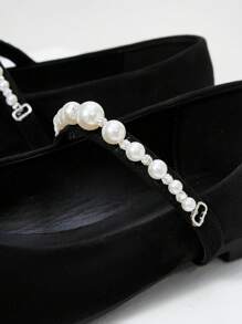 MOTF PREMIUM Giày búp bê vuông quai ngọc trai giả, giày đi nghỉ mát, giày mùa hè cho dịp Giáng sinh. - màu đen - Xem 3