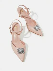 SheIn Belle Glamorous Baby Pink Ankle Strap Pumps For Women, Rhinestone Decor Point Toe Stiletto Heeled Pumps - Baby Pink - View 7
