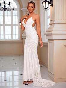 LOVE&LEMONADE 深V領魚尾裙下擺亮片婚紗洋裝 - 白色 - 查看 4