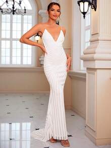 LOVE&LEMONADE 深V領魚尾裙下擺亮片婚紗洋裝 - 白色 - 查看 5