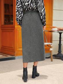 SHEIN Frenchy 紐扣細節褶皺細節半身裙 - 深灰色 - 查看 2