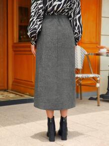 SHEIN Frenchy 紐扣細節褶皺細節半身裙 - 深灰色 - 查看 5