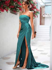 LOVE&LEMONADE One Shoulder Mermaid Ruched Split Thigh Satin Formal Dress - Green - View 6
