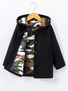 SHEIN Young Boy Camo Print Hooded Overcoat - Black - View 1