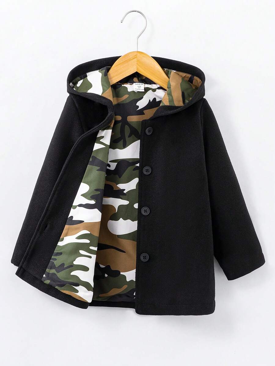 SHEIN Young Boy Camo Print Hooded Overcoat - Black - View 1