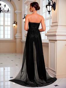 LOVE&LEMONADE Contrast Mesh Sequin Tube Party Jumpsuit - Black - View 2