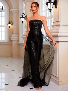 LOVE&LEMONADE Contrast Mesh Sequin Tube Party Jumpsuit - Black - View 3