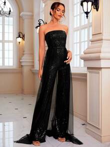 LOVE&LEMONADE Contrast Mesh Sequin Tube Party Jumpsuit - Black - View 5