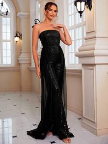 LOVE&LEMONADE Contrast Mesh Sequin Tube Party Jumpsuit - Black - View 6