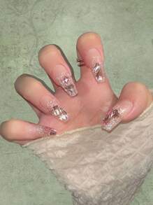 ROMWE 10pcs Long Coffin 3D Rhinestone Decor Fake Nail & 1sheet Tape - Pink - View 1