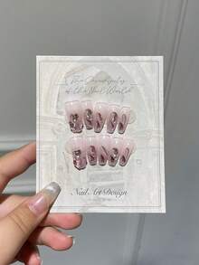 ROMWE 10pcs Long Coffin 3D Rhinestone Decor Fake Nail & 1sheet Tape - Pink - View 4